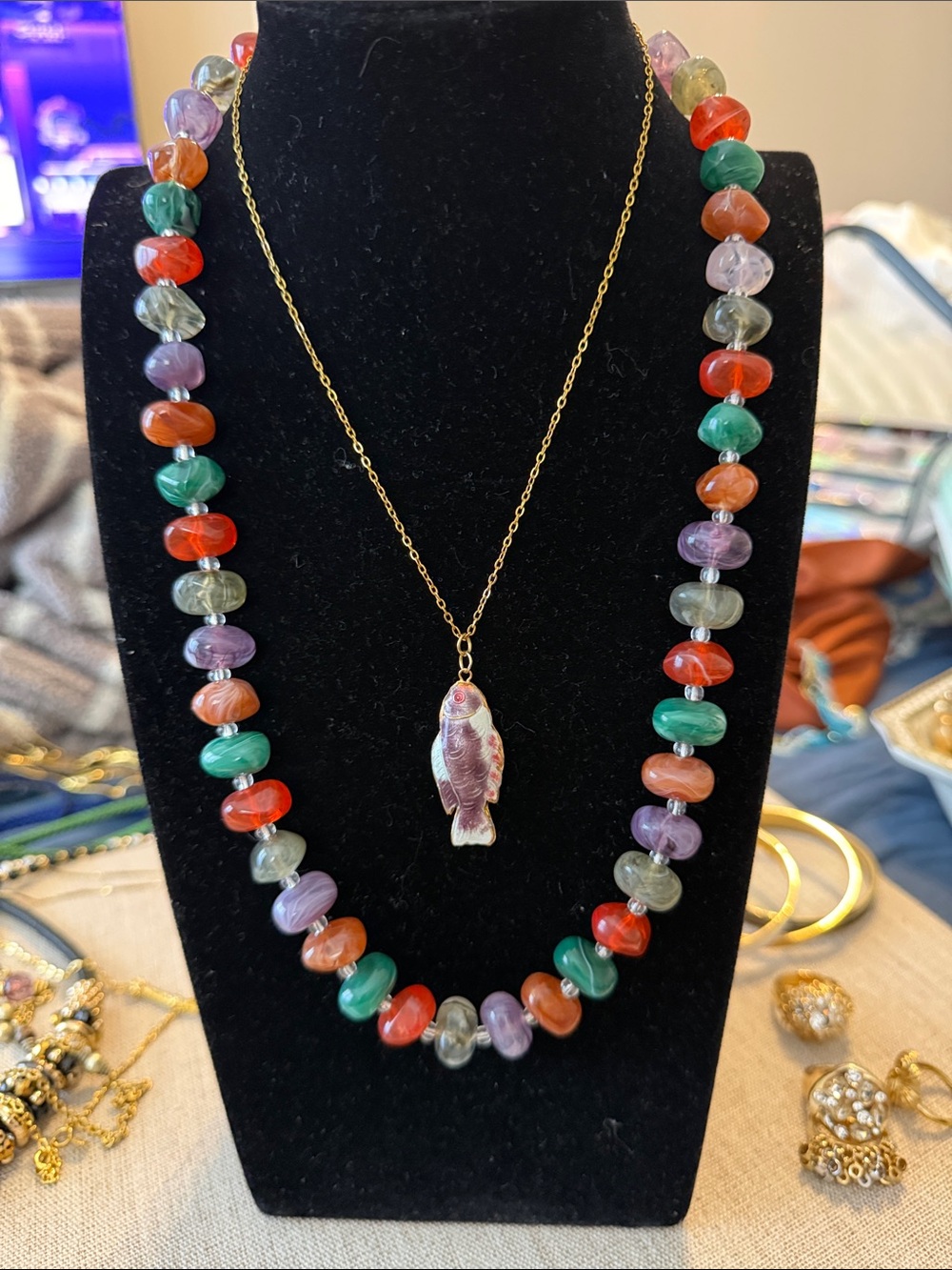 Avon Multicolor Beaded Necklace with Gold-Tone Chain and Fish Pendant